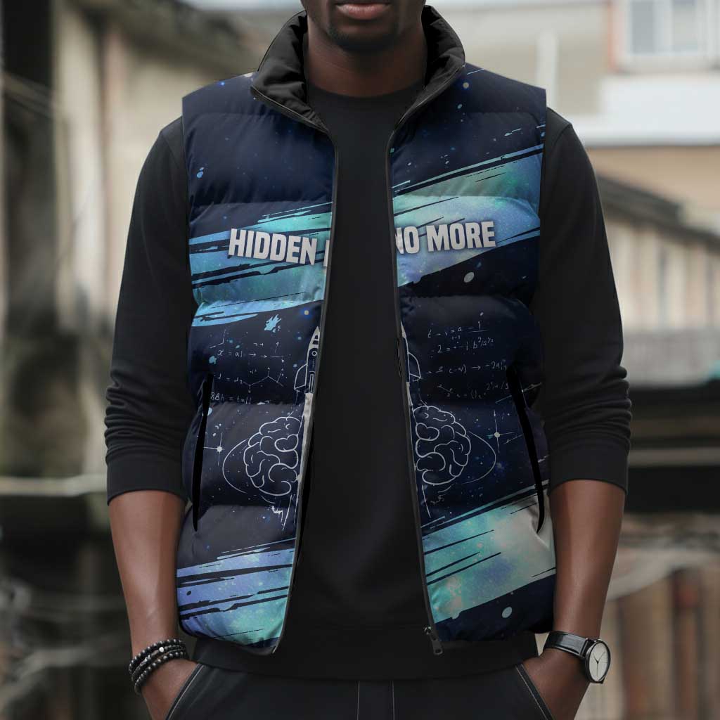 Katherine Johnson Sleeveless Puffer Jacket with Galaxy Background, Hidden No More Quote and Rocket Brain Equation - Wonder Print Shop