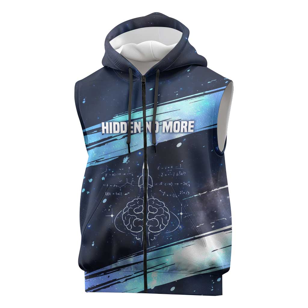 Katherine Johnson Sleeveless Zip Hoodie with Galaxy Background, Hidden No More Quote and Rocket Brain Equation - Wonder Print Shop