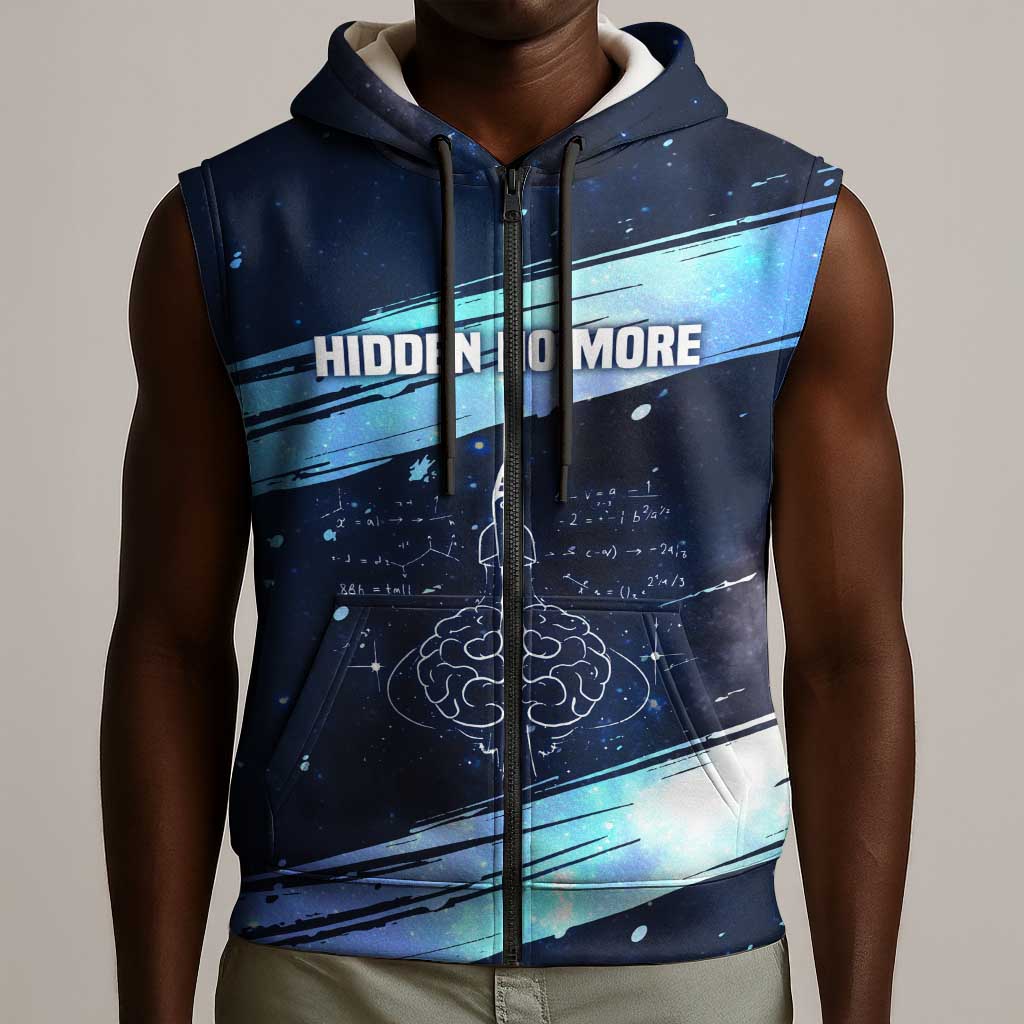 Katherine Johnson Sleeveless Zip Hoodie with Galaxy Background, Hidden No More Quote and Rocket Brain Equation - Wonder Print Shop