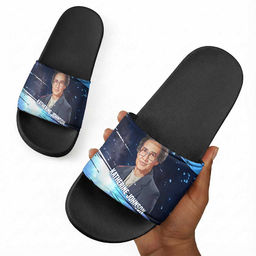 Katherine Johnson Slide Sandals with Galaxy Background, Hidden No More Quote and Rocket Brain Equation - Wonder Print Shop