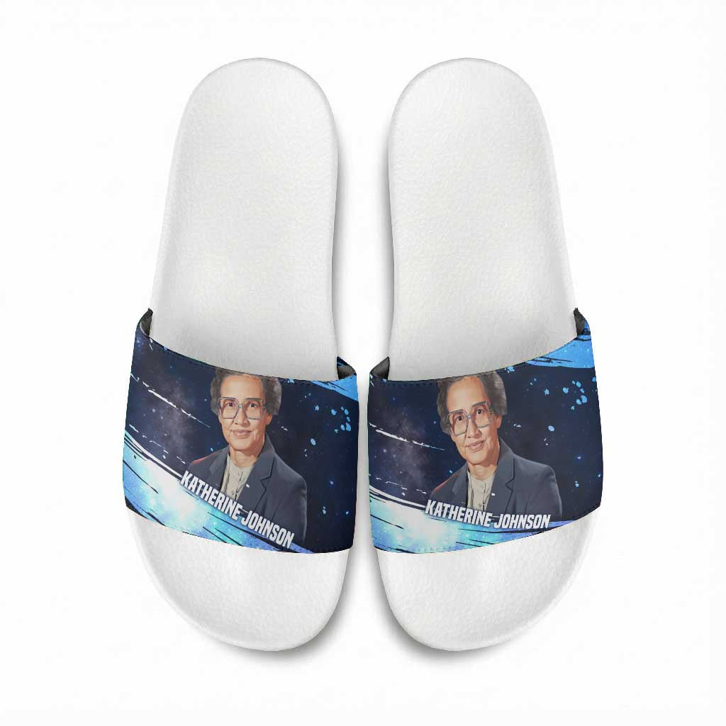 Katherine Johnson Slide Sandals with Galaxy Background, Hidden No More Quote and Rocket Brain Equation - Wonder Print Shop