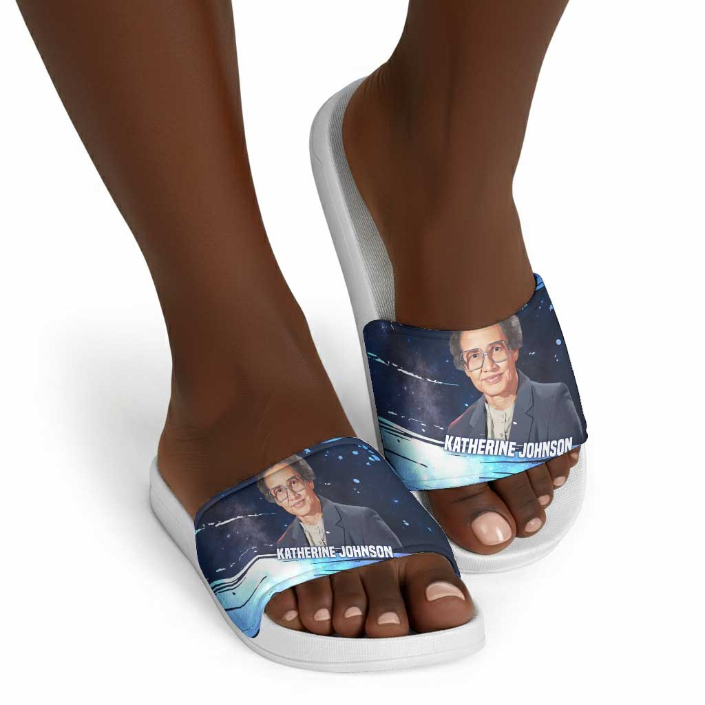 Katherine Johnson Slide Sandals with Galaxy Background, Hidden No More Quote and Rocket Brain Equation - Wonder Print Shop