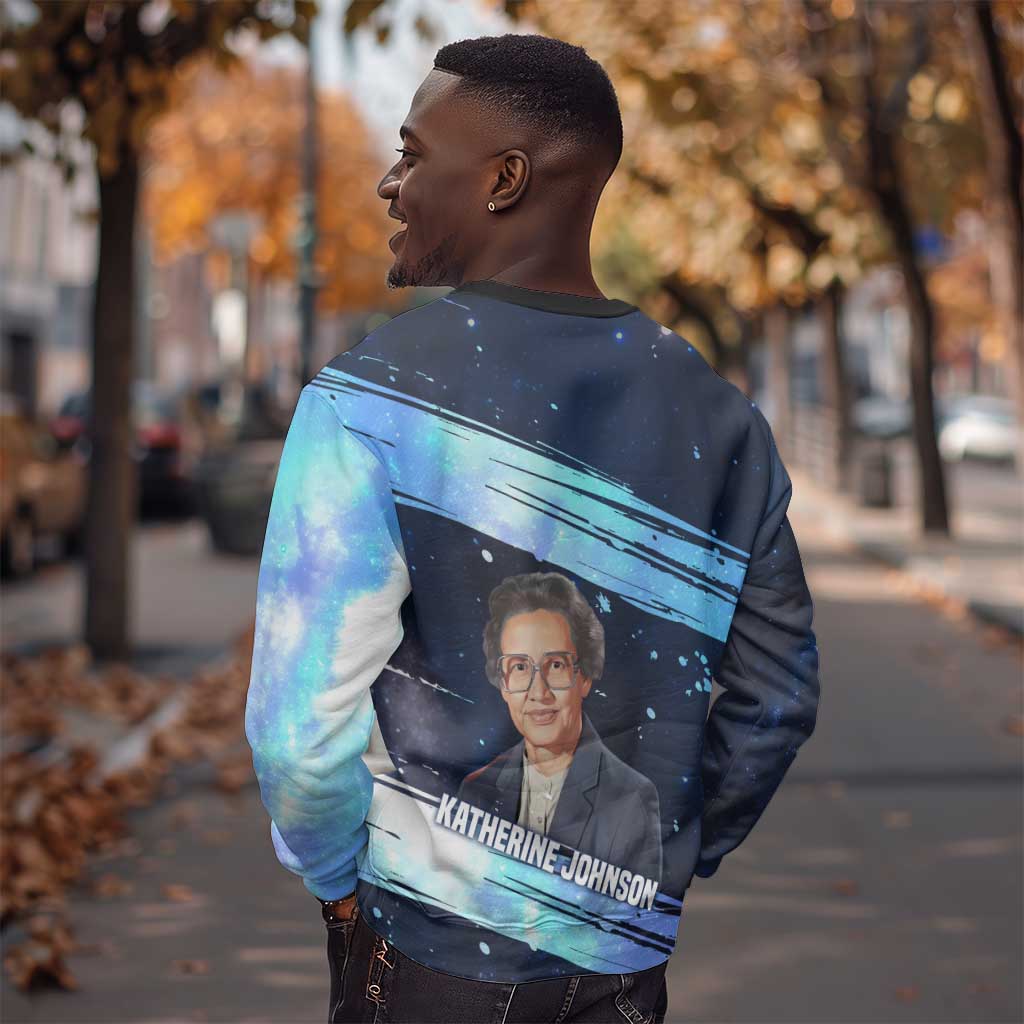 Katherine Johnson Sweatshirt with Galaxy Background, Hidden No More Quote and Rocket Brain Equation - Wonder Print Shop
