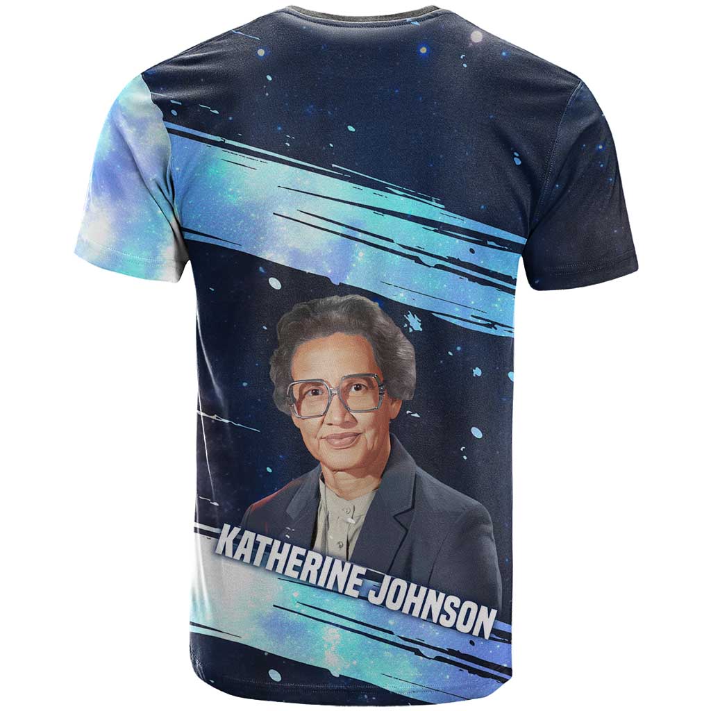 Katherine Johnson T shirt with Galaxy Background, Hidden No More Quote and Rocket Brain Equation - Wonder Print Shop