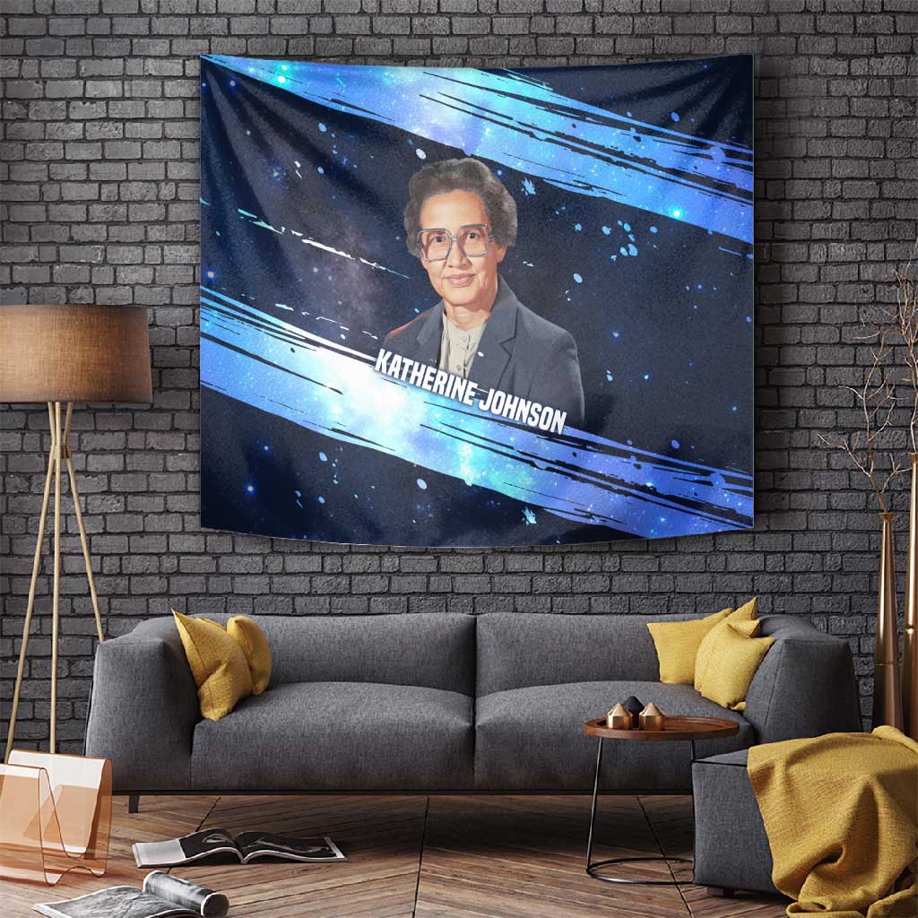 Katherine Johnson Tapestry with Galaxy Background, Hidden No More Quote and Rocket Brain Equation - Wonder Print Shop