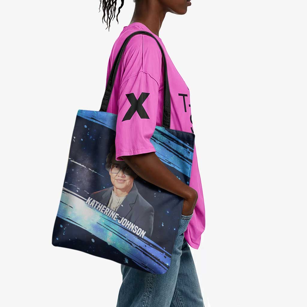 Katherine Johnson Tote Bag with Galaxy Background, Hidden No More Quote and Rocket Brain Equation - Wonder Print Shop