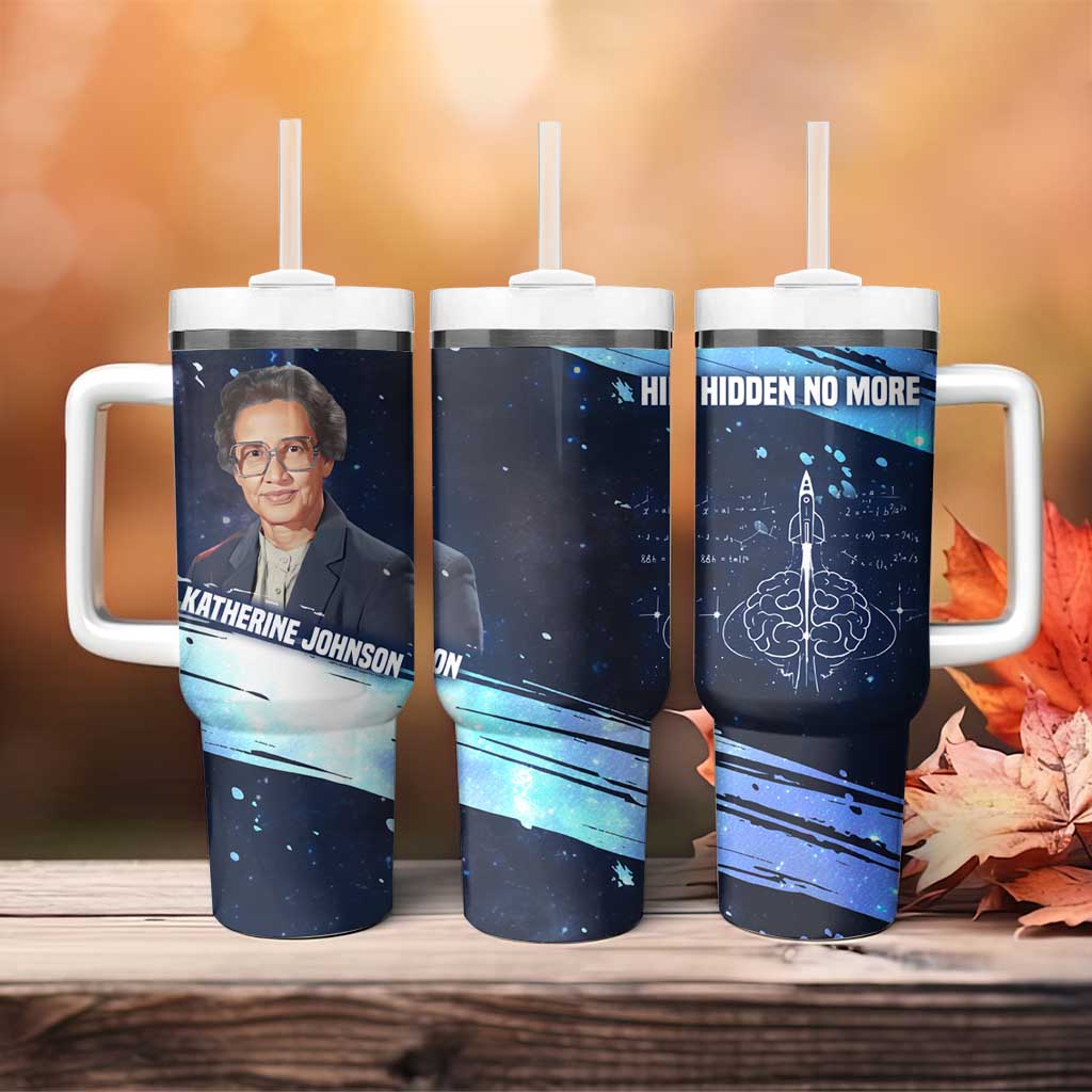 Katherine Johnson Tumbler With Handle with Galaxy Background, Hidden No More Quote and Rocket Brain Equation - Wonder Print Shop
