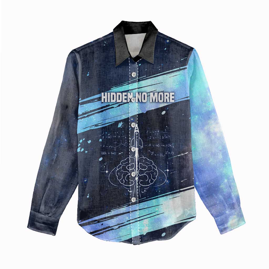 Katherine Johnson Women Casual Shirt with Galaxy Background, Hidden No More Quote and Rocket Brain Equation - Wonder Print Shop