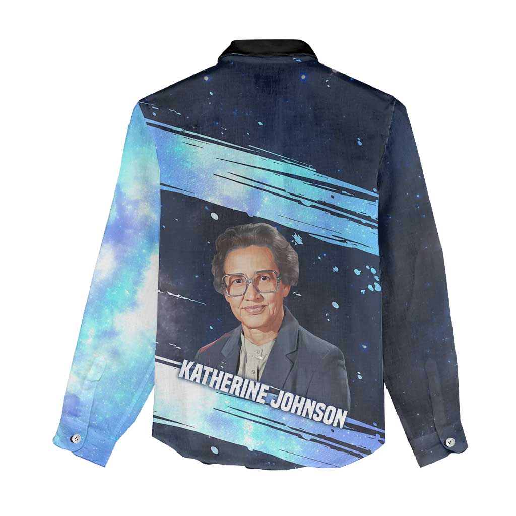 Katherine Johnson Women Casual Shirt with Galaxy Background, Hidden No More Quote and Rocket Brain Equation - Wonder Print Shop