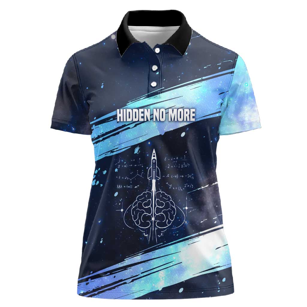 Katherine Johnson Women Polo Shirt with Galaxy Background, Hidden No More Quote and Rocket Brain Equation - Wonder Print Shop