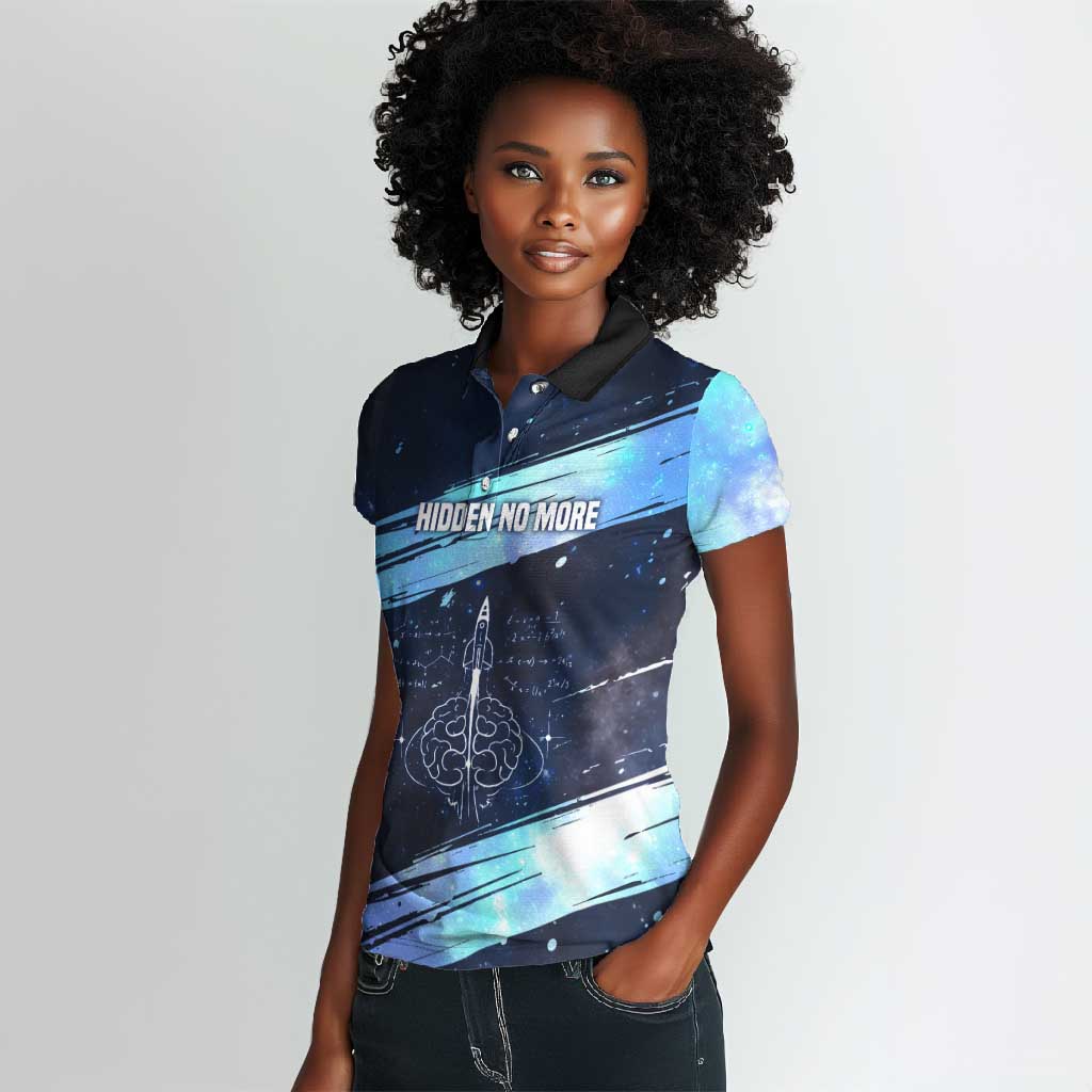 Katherine Johnson Women Polo Shirt with Galaxy Background, Hidden No More Quote and Rocket Brain Equation - Wonder Print Shop