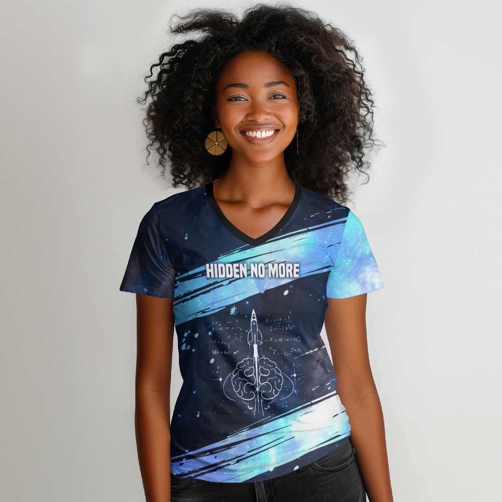 Katherine Johnson Women V-Neck T-Shirt with Galaxy Background, Hidden No More Quote and Rocket Brain Equation - Wonder Print Shop