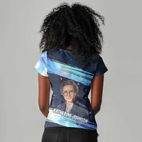 Katherine Johnson Women V-Neck T-Shirt with Galaxy Background, Hidden No More Quote and Rocket Brain Equation - Wonder Print Shop