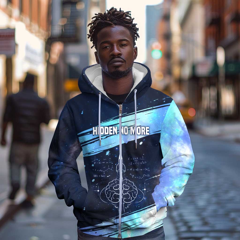 Katherine Johnson Zip Hoodie with Galaxy Background, Hidden No More Quote and Rocket Brain Equation - Wonder Print Shop