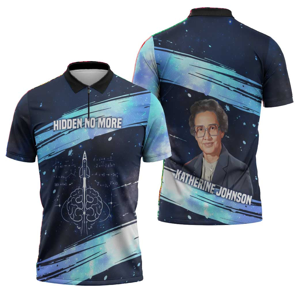 Katherine Johnson Zipper Polo Shirt with Galaxy Background, Hidden No More Quote and Rocket Brain Equation - Wonder Print Shop