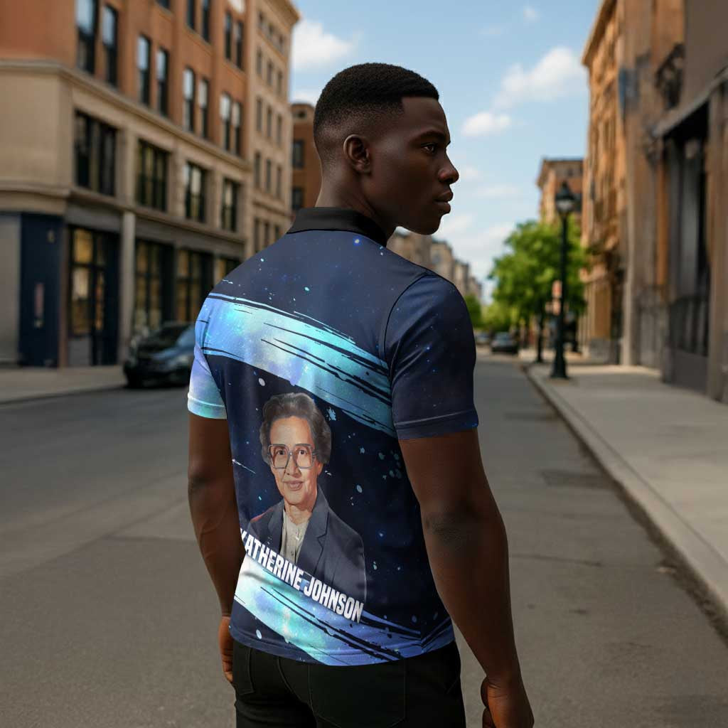 Katherine Johnson Zipper Polo Shirt with Galaxy Background, Hidden No More Quote and Rocket Brain Equation - Wonder Print Shop