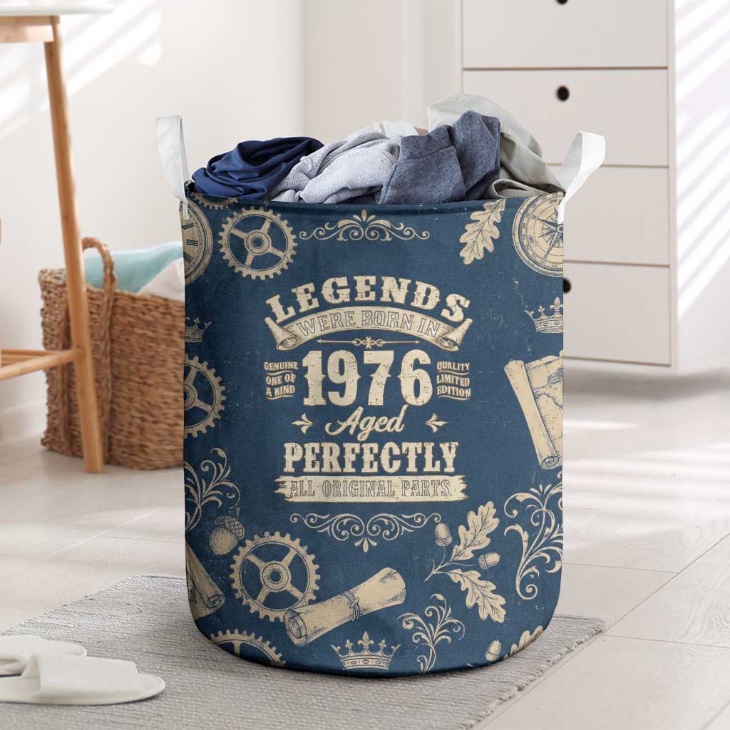 Legend 1976 Vintage Gears and Scrolls Design Laundry Basket with Crown Motif in Classic Blue and Beige Retro