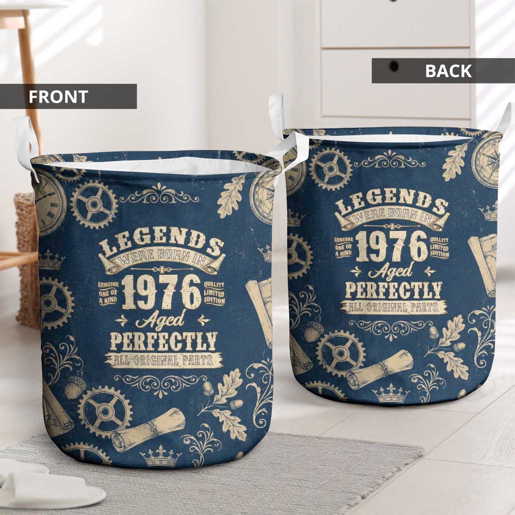 Legend 1976 Vintage Gears and Scrolls Design Laundry Basket with Crown Motif in Classic Blue and Beige Retro