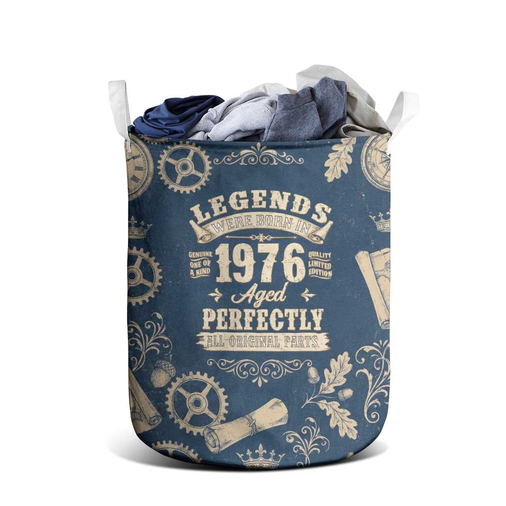 Legend 1976 Vintage Gears and Scrolls Design Laundry Basket with Crown Motif in Classic Blue and Beige Retro