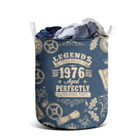 Legend 1976 Vintage Gears and Scrolls Design Laundry Basket with Crown Motif in Classic Blue and Beige Retro