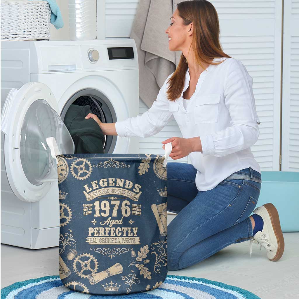 Legend 1976 Vintage Gears and Scrolls Design Laundry Basket with Crown Motif in Classic Blue and Beige Retro