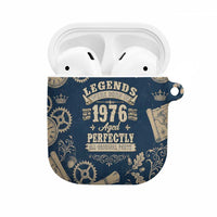 Legend 1976 Vintage Gears and Scrolls Design AirPods Case with Crown Motif in Classic Blue and Beige Retro
