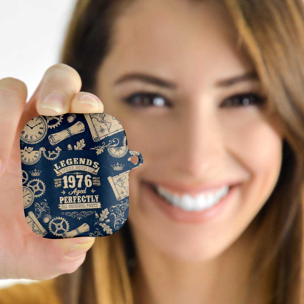 Legend 1976 Vintage Gears and Scrolls Design AirPods Case with Crown Motif in Classic Blue and Beige Retro