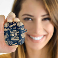 Legend 1976 Vintage Gears and Scrolls Design AirPods Case with Crown Motif in Classic Blue and Beige Retro