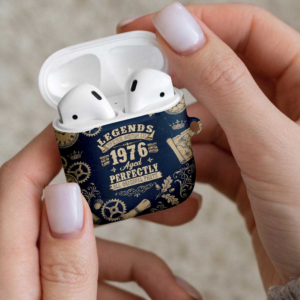 Legend 1976 Vintage Gears and Scrolls Design AirPods Case with Crown Motif in Classic Blue and Beige Retro