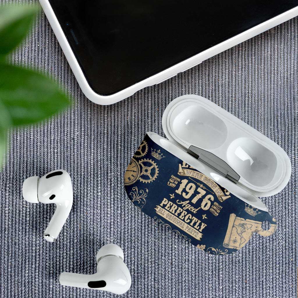 Legend 1976 Vintage Gears and Scrolls Design AirPods Case with Crown Motif in Classic Blue and Beige Retro
