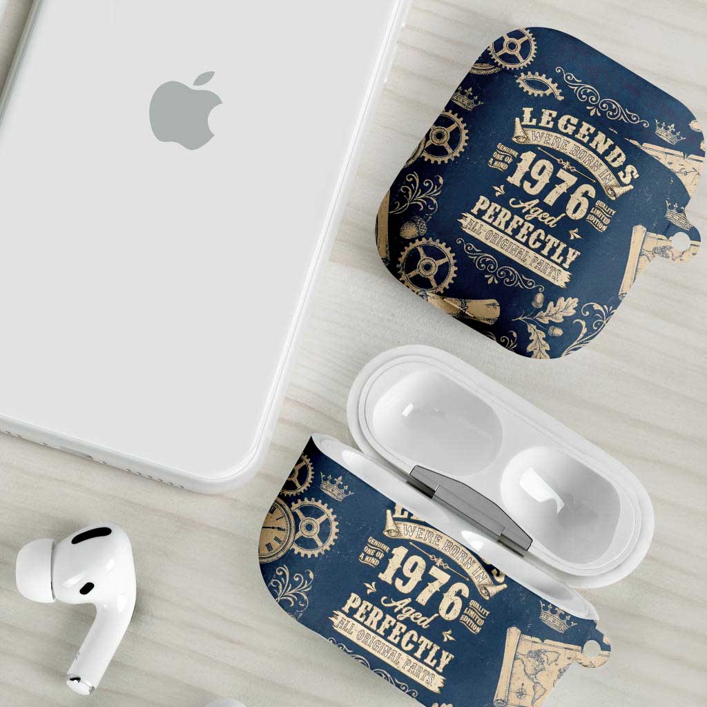 Legend 1976 Vintage Gears and Scrolls Design AirPods Case with Crown Motif in Classic Blue and Beige Retro