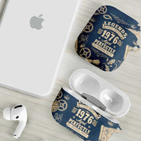 Legend 1976 Vintage Gears and Scrolls Design AirPods Case with Crown Motif in Classic Blue and Beige Retro
