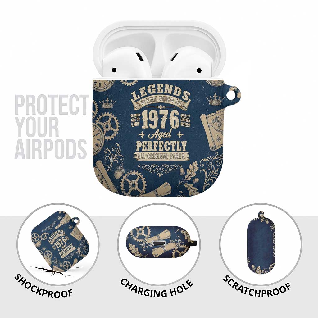 Legend 1976 Vintage Gears and Scrolls Design AirPods Case with Crown Motif in Classic Blue and Beige Retro