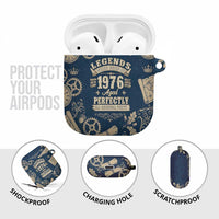 Legend 1976 Vintage Gears and Scrolls Design AirPods Case with Crown Motif in Classic Blue and Beige Retro