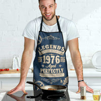 Legend 1976 Vintage Gears and Scrolls Design Apron with Crown Motif in Classic Blue and Beige Retro