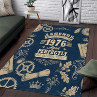 Legend 1976 Vintage Gears and Scrolls Design Area Rug with Crown Motif in Classic Blue and Beige Retro