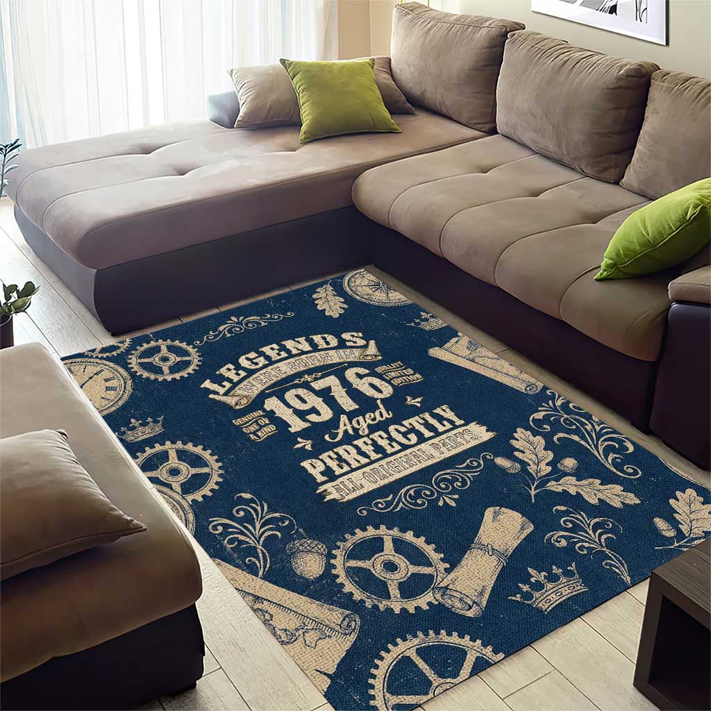 Legend 1976 Vintage Gears and Scrolls Design Area Rug with Crown Motif in Classic Blue and Beige Retro