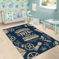 Legend 1976 Vintage Gears and Scrolls Design Area Rug with Crown Motif in Classic Blue and Beige Retro