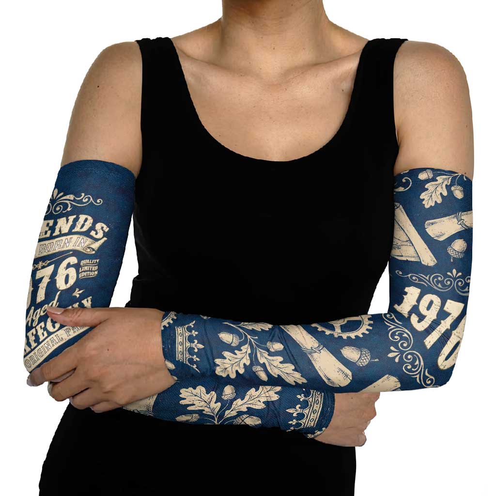 Legend 1976 Vintage Gears and Scrolls Design Arm Sleeves with Crown Motif in Classic Blue and Beige Retro