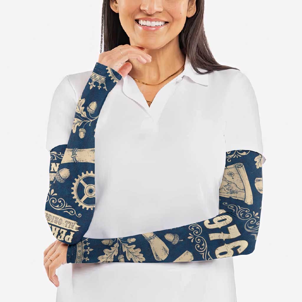 Legend 1976 Vintage Gears and Scrolls Design Arm Sleeves with Crown Motif in Classic Blue and Beige Retro