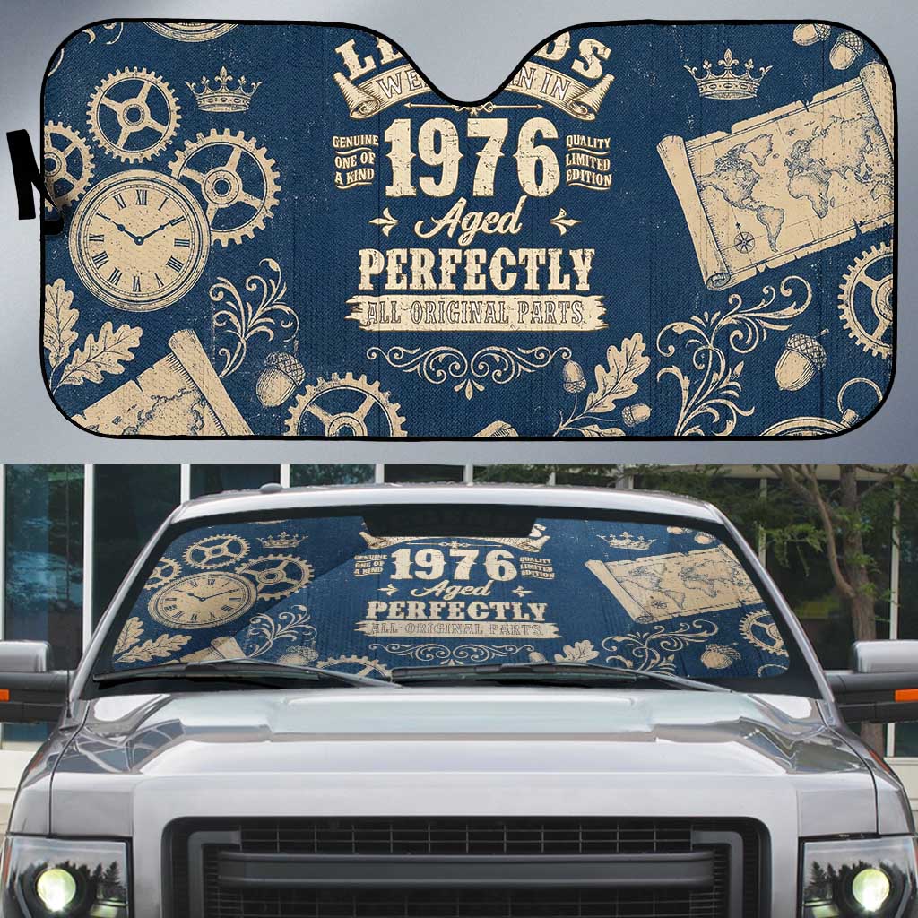 Legend 1976 Vintage Gears and Scrolls Design Auto Sun Shade with Crown Motif in Classic Blue and Beige Retro