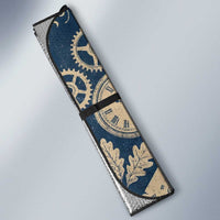 Legend 1976 Vintage Gears and Scrolls Design Auto Sun Shade with Crown Motif in Classic Blue and Beige Retro