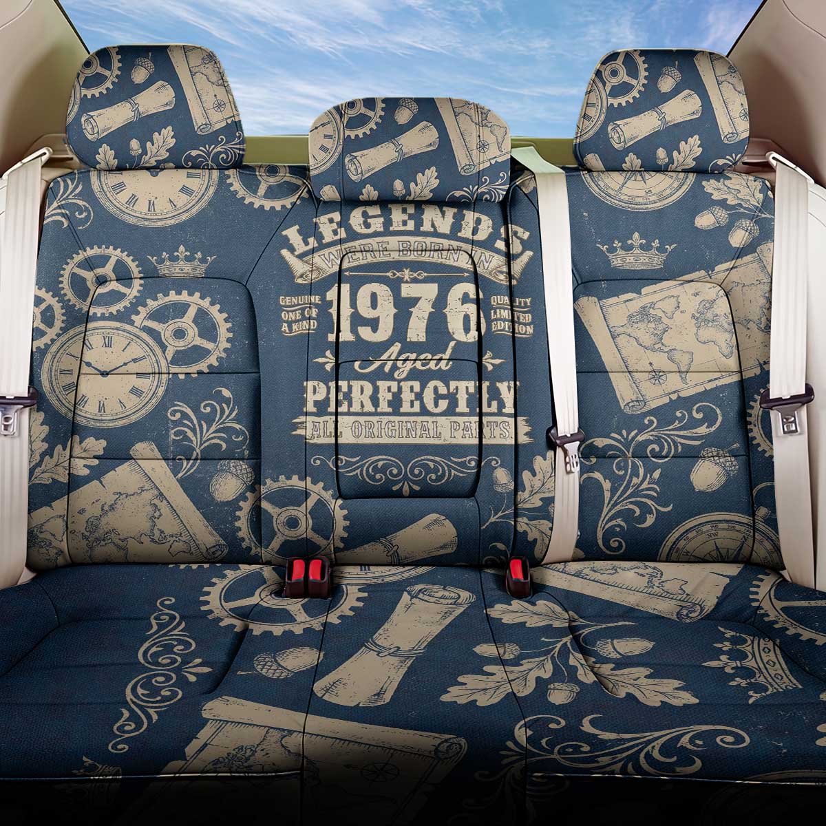 Legend 1976 Vintage Gears and Scrolls Design Back Car Seat Cover with Crown Motif in Classic Blue and Beige Retro
