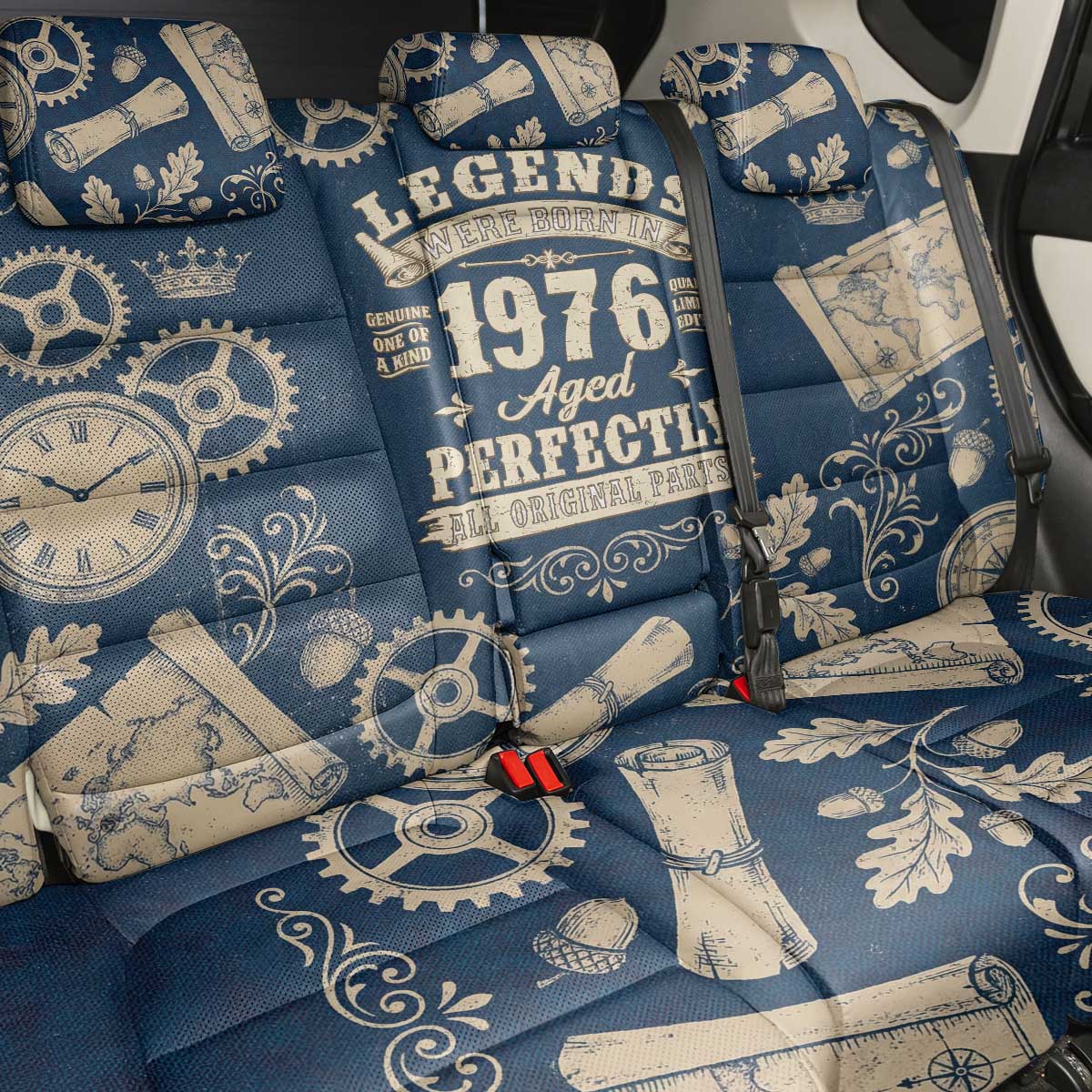Legend 1976 Vintage Gears and Scrolls Design Back Car Seat Cover with Crown Motif in Classic Blue and Beige Retro
