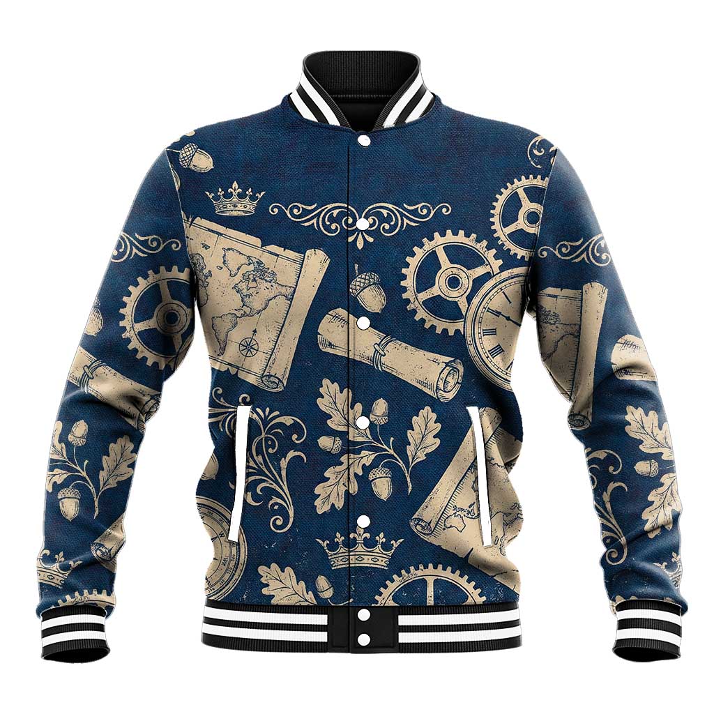 Legend 1976 Vintage Gears and Scrolls Design Baseball Jacket with Crown Motif in Classic Blue and Beige Retro