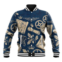 Legend 1976 Vintage Gears and Scrolls Design Baseball Jacket with Crown Motif in Classic Blue and Beige Retro