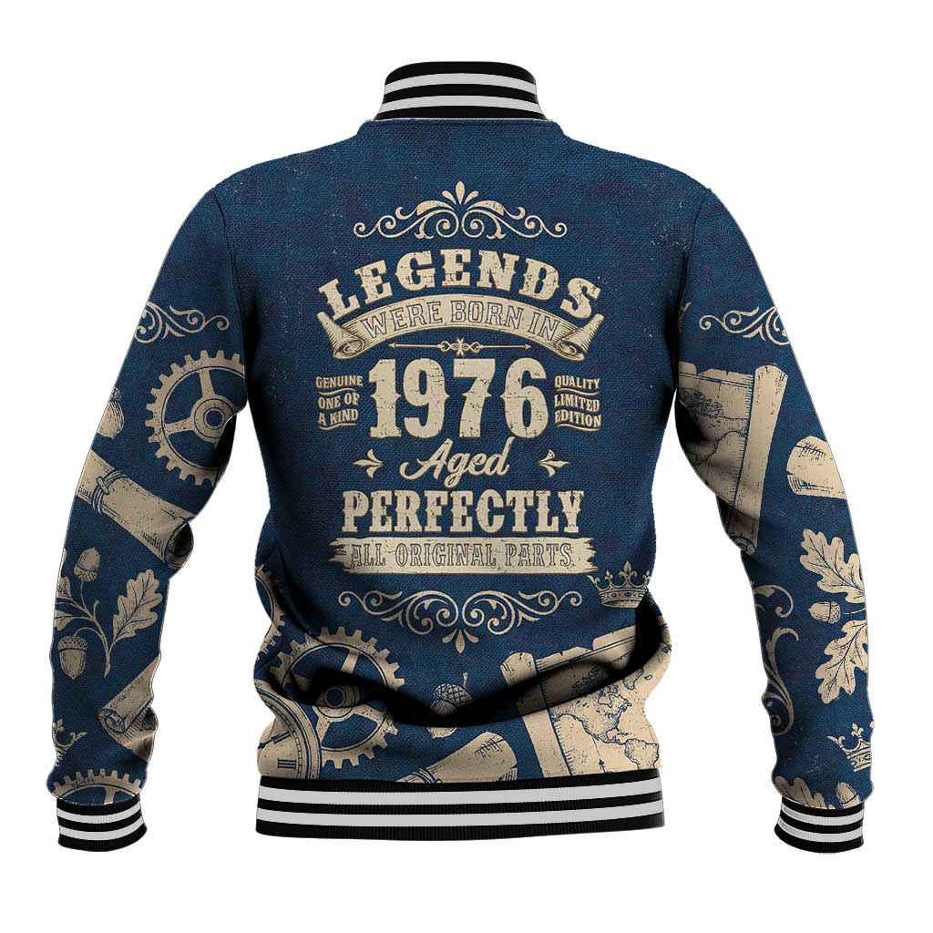 Legend 1976 Vintage Gears and Scrolls Design Baseball Jacket with Crown Motif in Classic Blue and Beige Retro