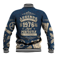 Legend 1976 Vintage Gears and Scrolls Design Baseball Jacket with Crown Motif in Classic Blue and Beige Retro