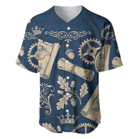 Legend 1976 Vintage Gears and Scrolls Design Baseball Jersey with Crown Motif in Classic Blue and Beige Retro