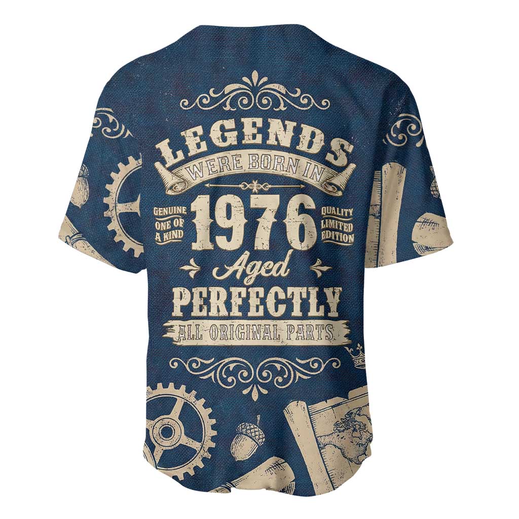 Legend 1976 Vintage Gears and Scrolls Design Baseball Jersey with Crown Motif in Classic Blue and Beige Retro